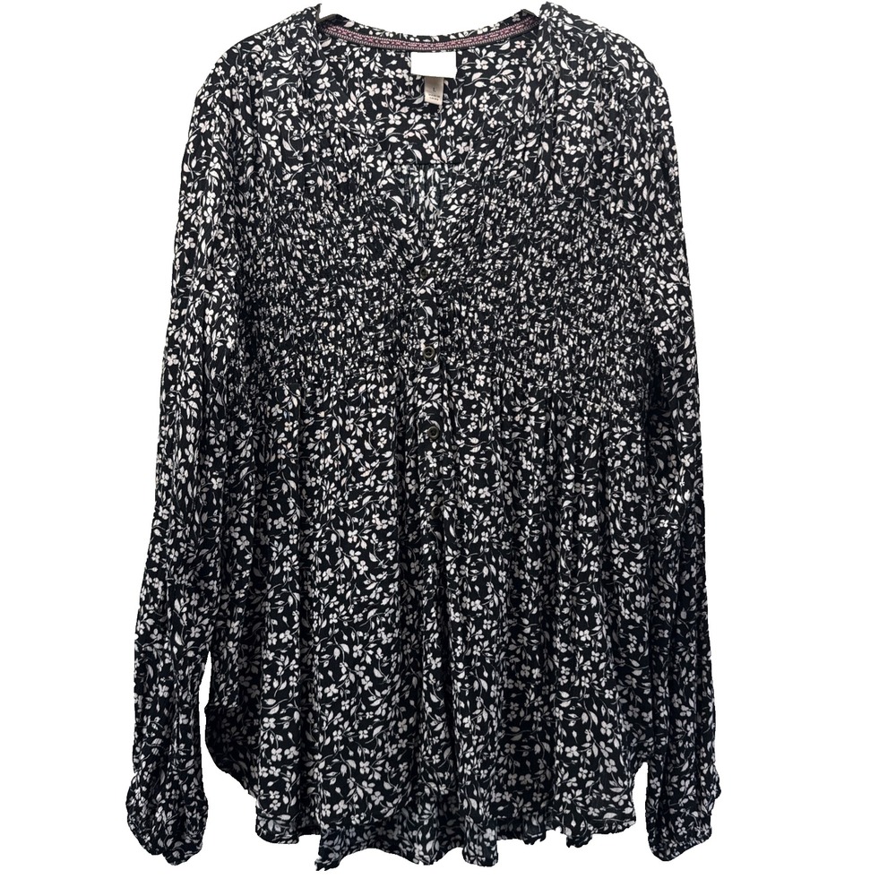 Knox Rose Women's Top Size Large Black White Paisley Smocked Bohemian Peasant